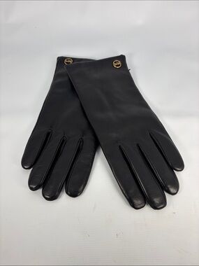 Coach Black Leather Gloves with Gold Logo Buttons